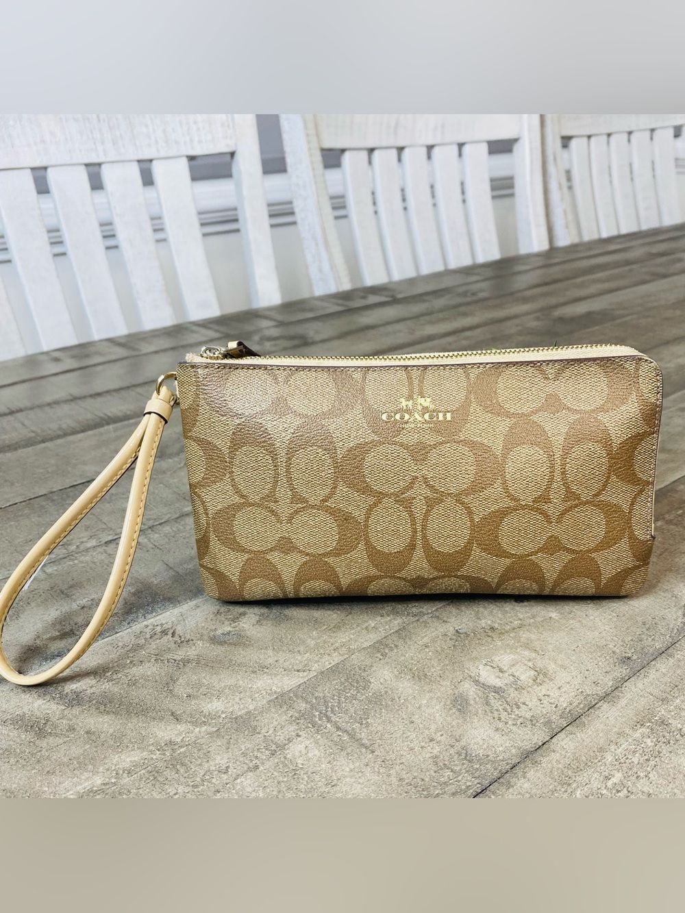 Coach Double Zip Wristlet in Signature Canvas Light Khaki / Chalk Wallet Bag